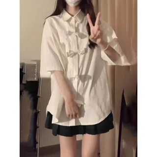 Áo sơ mi nữ sinh JK style ngắn tay khuy phối nơ oversize dáng rộng girl basic Nhật Bản nữ sinh ulzzang Vintage