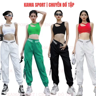 Bộ thể thao nữ quần jogger cạp chữ chất kaki và áo bra chất thun mềm co giãn tập gym, zumba,aerobic