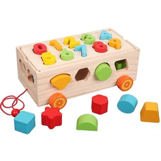 Đồ Chơi Xe Kéo Thả Hình Khối Và Số Đếm Bằng Gỗ Cao Cấp- Đồ Chơi Montessori Thông Minh Cho Bé