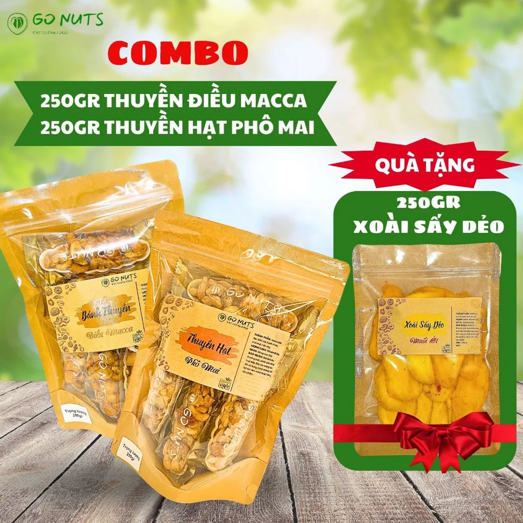[COMBO C2] Thuyền điều macca 250g + Thuyền hạt phô mai 250g TẶNG Xoài sấy dẻo 250g GO NUTS