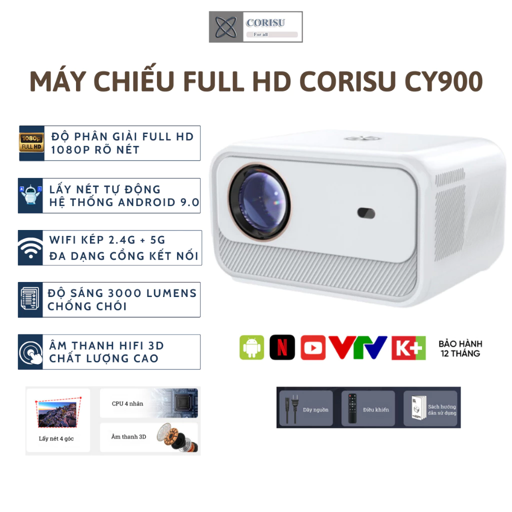 Máy Chiếu Mini Corisu CY900 Siêu Nét Full HD 1080, độ sáng cao, tích hợp loa kép, kết nối không dây - Bảo hành 12 tháng