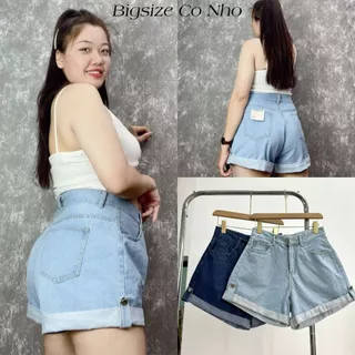 Quần Short Jean Nữ Bigsize , Quần Đùi Lật Lại Lưng Cao Ống Rộng Không Giãn Phom Đứng  60kg-90kg Mã J2