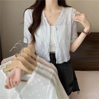 Áo khoác len mỏng , áo khoác cardigan dáng ngắn tay ngắn cổ v phối viền bèo thêu hoa nổi phong cách HQ  hàng QCCC_LaRoSa