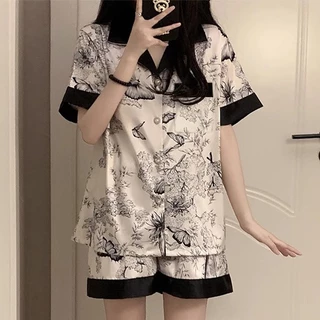 Set Đồ Nữ Mặc Nhà Pijama Lụa Satin Cộc Tay Đen Trắng PM24, Đồ Bộ Nữ Xinh Mềm Mại, Đồ Ngủ Nữ Thời Trang