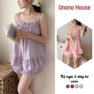 Bộ đồ ngủ pijama kẻ caro nhỏ 2 dây, chất đũi xốp hàn mềm mát mặc mùa hè có chun ngực bèo 2 tầng unanahouse