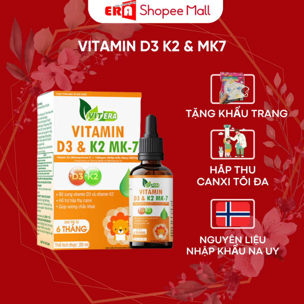 Vitamin D3 & K2 MK-7 VITERA 20ml hỗ trợ hấp thu canxi tối đa cho bé từ 6 tháng