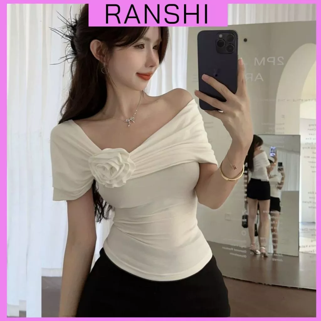 Áo Trễ Vai Tay Ngắn RANSHI Thiết Kế Hoa Đính Ngực Xinh Kiểu Dáng Ôm Sát Sexy Chất Thun Cotton Mềm Mát - RA223