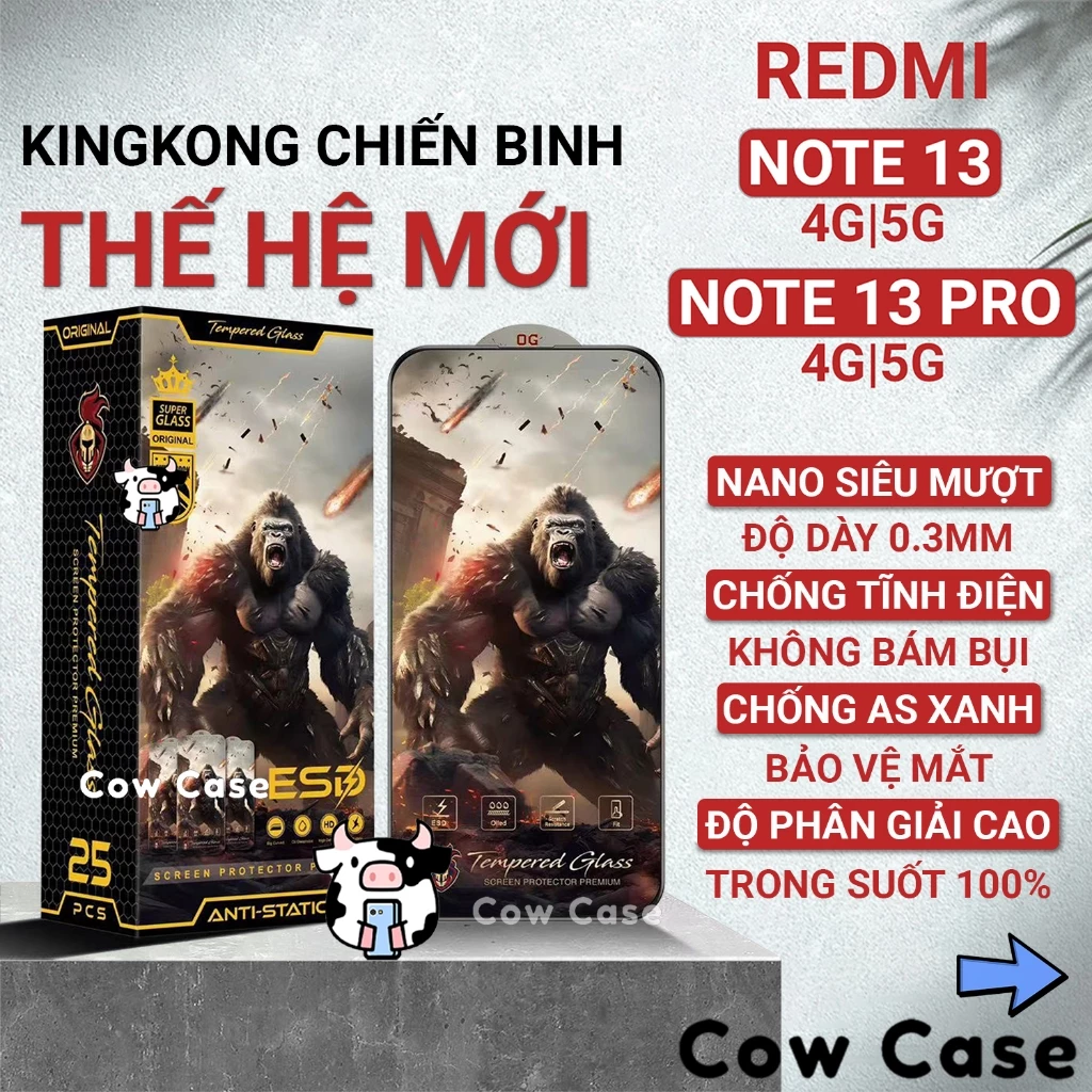 Cường lực Redmi Note 13 Pro, Note 13 4G/5G Kingkong full màn | Miếng kính dán bảo vệ màn hình cho Xiaomi Cowcase