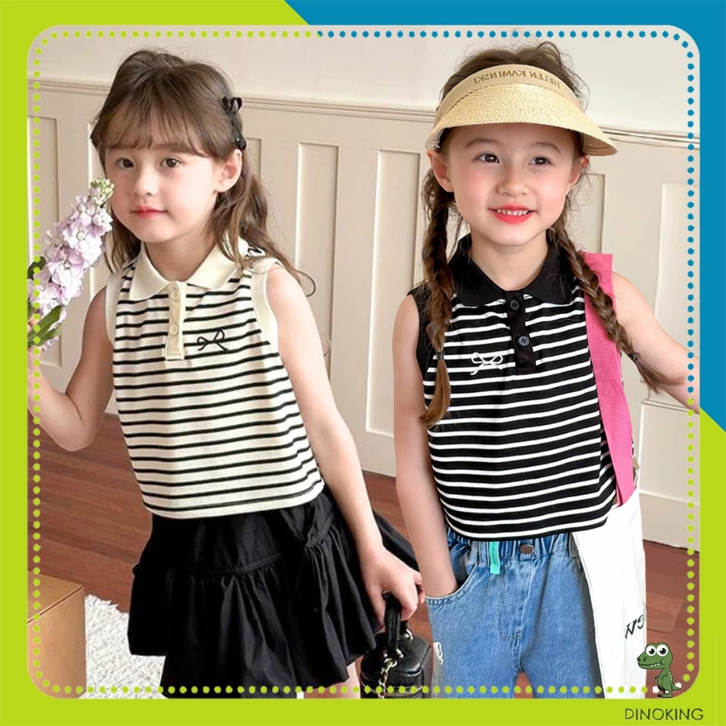 Áo sát nách có cổ bé gái DINOKING Áo polo cho bé gái kẻ ngang thêu nơ ngực cotton cao cấp phong cách Hàn Quốc 2-9T AT51