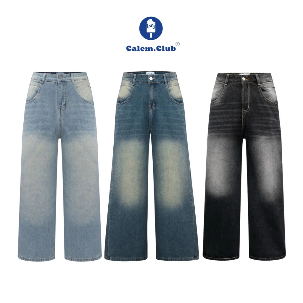 Calem Club - Quần Jeans Wash cạp cao Ống Rộng tôn dáng form thụng unisex