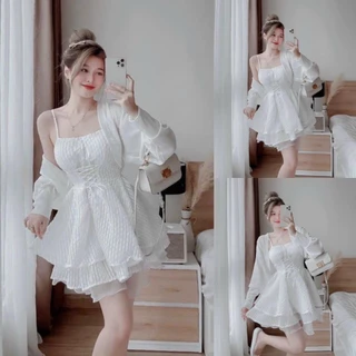 Đầm 2 dây tiểu thư 3 lớp tơ gột nổi kèm khoác tơ nến tay dài Sam Closet Phù Hợp Để Tới Công Sở, Đi Làm Hoặc Đi Chơi