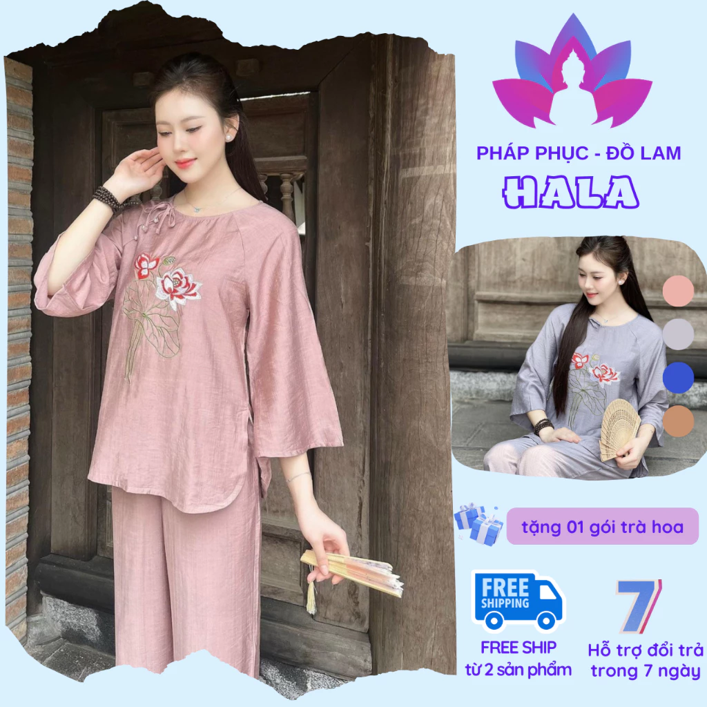 Pháp phục đi chùa - set đồ Lam thiết kế Đũi tơ thêu sen  4 màu , size s m l xl (40-65kg)