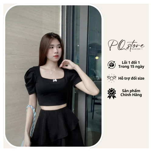 Áo croptop ôm body PQ nữ tay xếp ly ngắn, áo kiểu nữ đẹp màu đen cổ vuông thời trang hàn quốc du lịch MS009