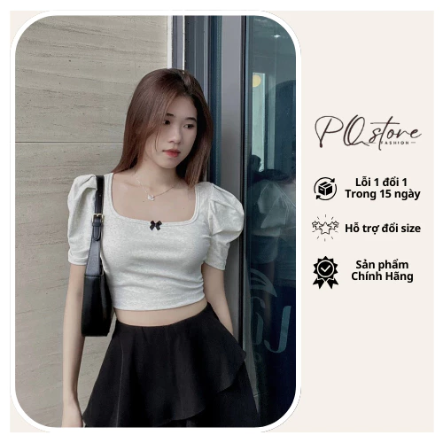 Áo croptop ôm body PQ tay xếp ly ngắn, áo kiểu nữ đẹp màu xám trắng cổ vuông thời trang hàn quốc du lịch MS005