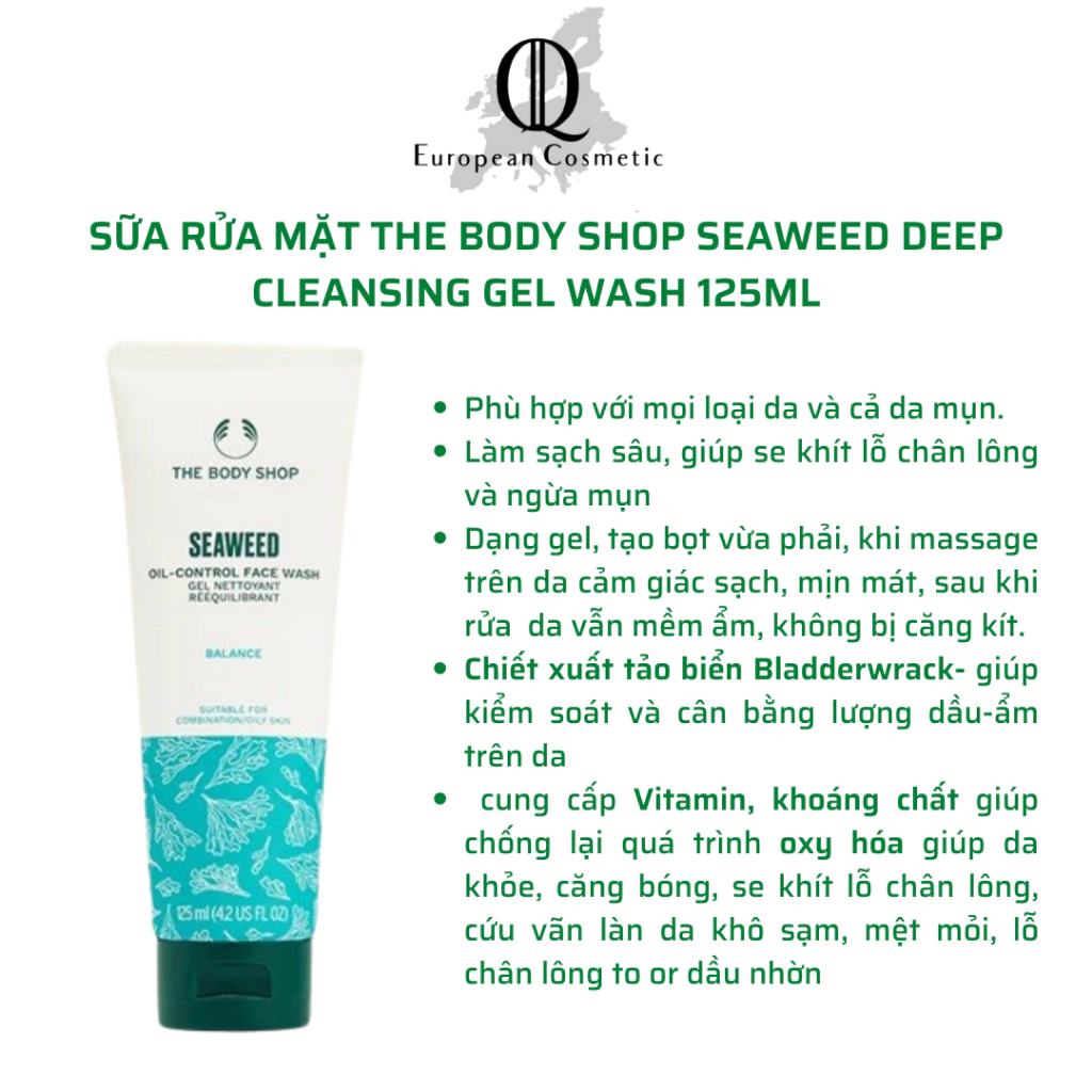 Sữa rửa mặt da dầu the body shop seaweed deep cleansing gel wash 125ml