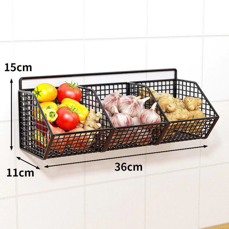 Kệ lưới sắt 3 ngăn đựng hành tỏi đồ nhà bếp đa năng, kèm miếng dán- GIÁ TREO TƯỜNG ĐA NĂNG