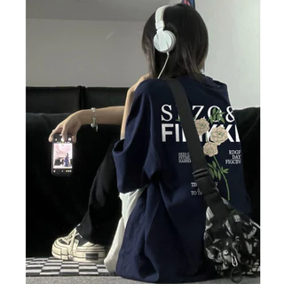 Focus local brand Fashion áo phông Xanh đậm cổ tròn form rộng 2024 áo thun chất in Mùa hè tay ngắn 100%cotton