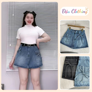 Chân váy jean Bigsize vải denim dáng chữ A có quần bảo hộ lưng cao có túi hộp kèm nơ cách điệu CV403