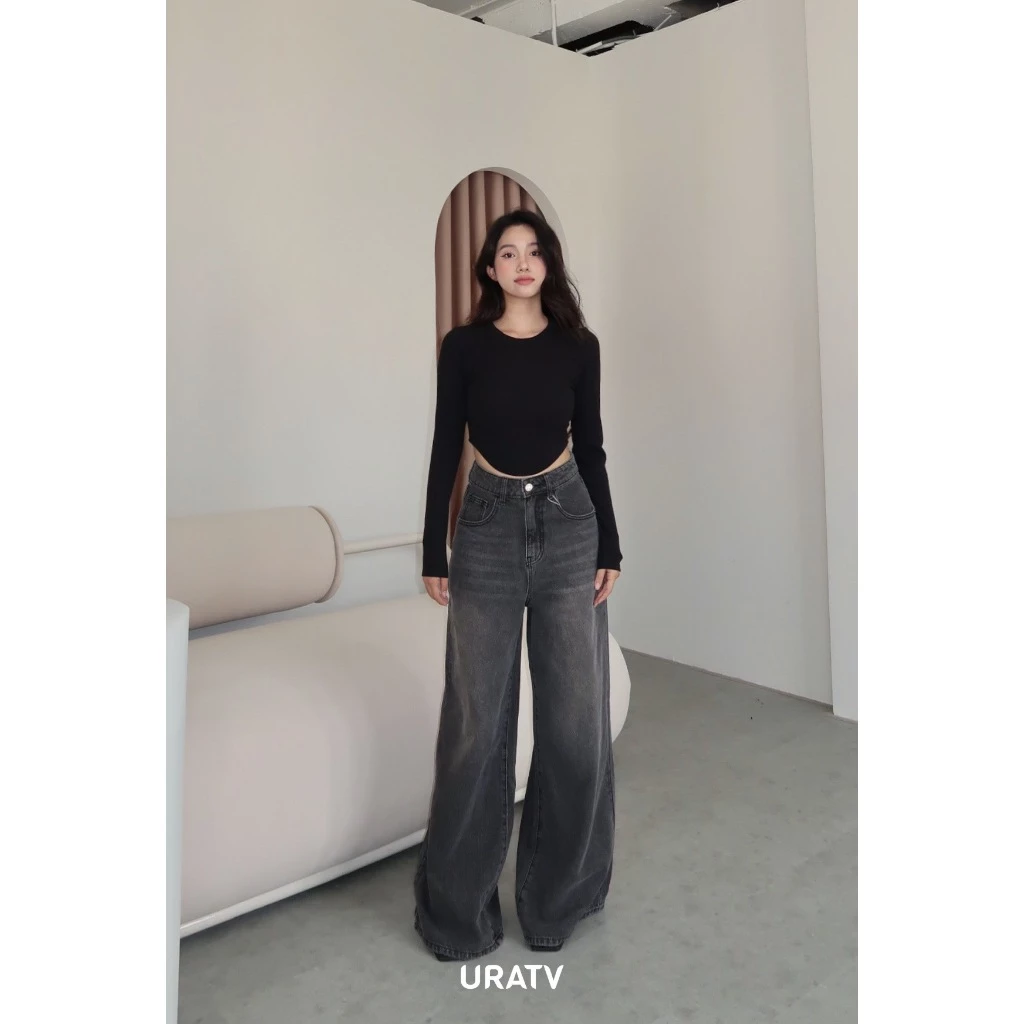 Quần jean ống loe to dáng suông xám URATV