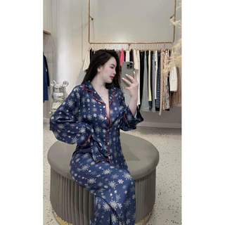 Pijama tay dài quần dài lụa xước cao cấp hàng thiết kế dưới 60kg