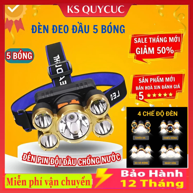 Đèn Pin Đeo Đầu 5 Bóng Pin Sạc Nhanh Thiết Kế Chống Nước IPX4 Bóng Led 10000 Giờ Tiện Lợi
