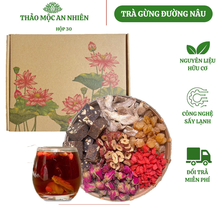 Trà gừng đường nâu thảo mộc (Hộp 30) Giảm đau bụng kinh, làm ấm dịu bụng, bổ máu