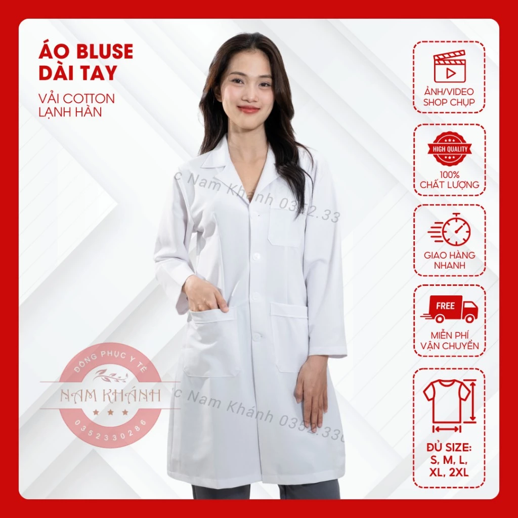 Áo Blouse trắng dáng dài cộc tay áo lab cho bác sĩ, dược sĩ, spa, thẩm mỹ hàng cao cấp