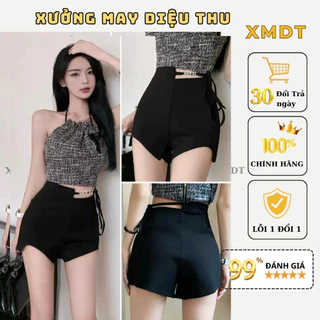 Quần short nữ ngắn dây buộc ngang lưng chữ WANG đá, Quần sooc, sọt đùi cạp cao vải Jean mềm cao cấp co giãn 4 chiều-XMDT