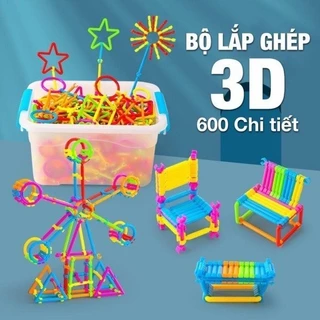 [Bộ lớn 600ct] Hộp đồ chơi lắp ghép que 3D sáng tạo cho bé, Bộ Xếp hình que diêm bằng nhựa