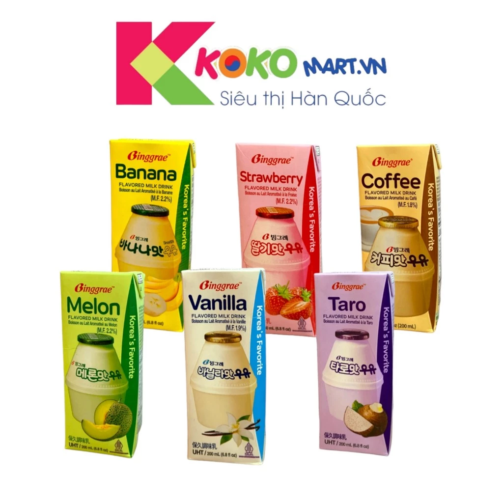 Sữa chuối, dưa lưới, dâu, vani, taro, coffee Binggrae Hàn Quốc hộp 200ml