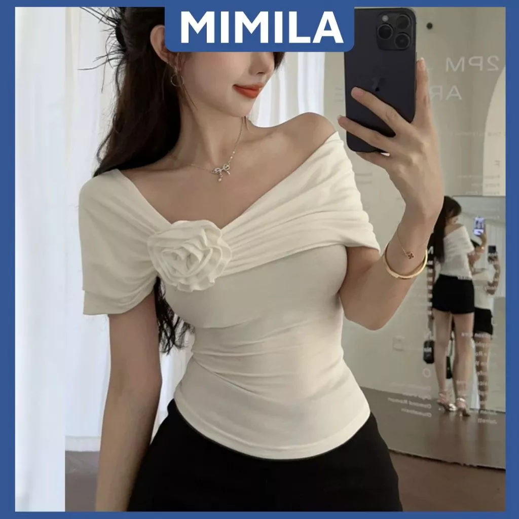 Áo Trễ Vai Tay Ngắn MIMILA Thiết Kế Hoa Trước Ngực Kiểu Dáng Ôm Sát Body Sexy Thanh Lịch Chất Thun Cotton - MA223