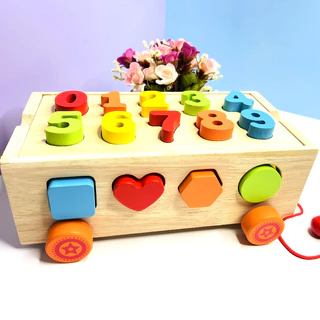 Đồ Chơi Xe Kéo Thả Hình Khối Và Số Đếm Bằng Gỗ Cao Cấp- Đồ Chơi Montessori Thông Minh Cho Bé