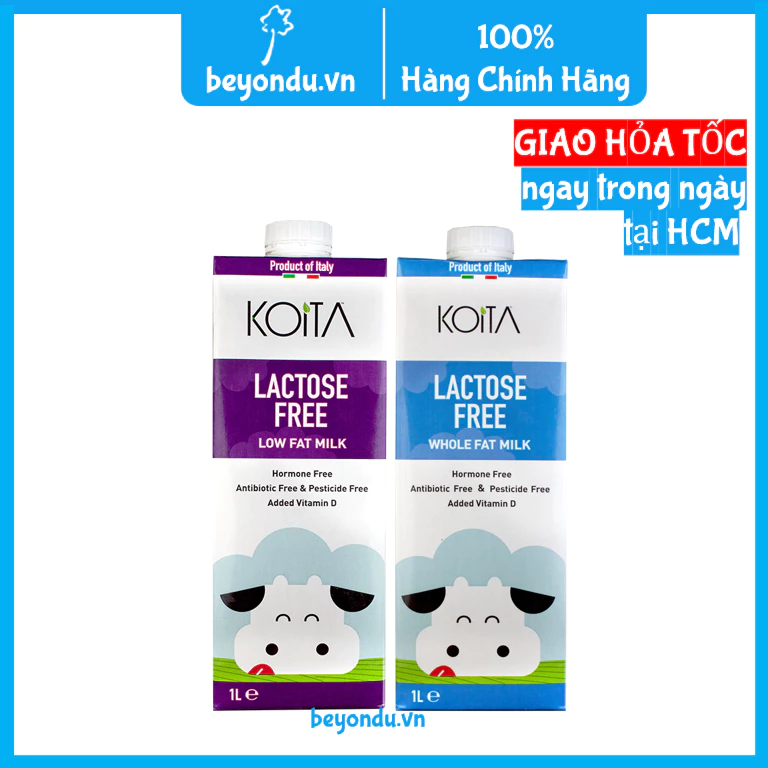 1 thùng 12 hộp sữa tươi không lactose Koita 1L (lactose free ít béo, lactose free nguyên kem)