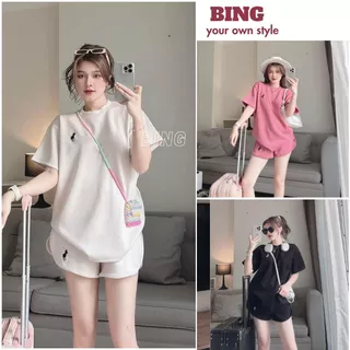 Set bộ áo cộc tay + quần short đùi, thêu hình con ngựa, kiểu dáng năng động thời trang dành cho nữ - BING BNN16