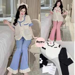 Đồ bộ mặc nhà Cộc Dài pyjama nữ chất đũi xốp HACOMI - Đồ ngủ nữ dễ thương phong cách Hàn Quốc