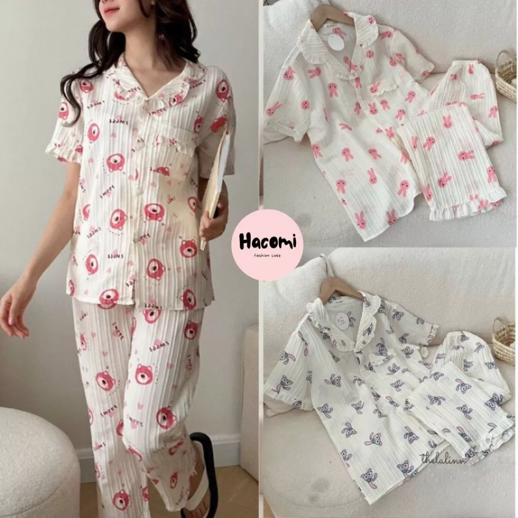 Đồ Mặc Nhà, Bộ Ngủ Nữ, Pijama chất vải đũi gân xốp kiểu dáng pha bèo họa tiết cute xinh xắn