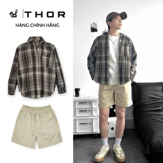 THOR set unisex sơmi Flannel nâu tay dài và quần short kaki kem chất lượng cao cấp bộ đồ quần short áo sơ mi kẻ