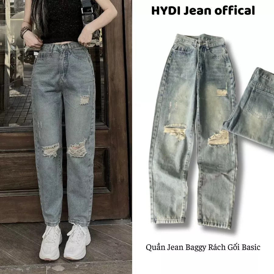 Quần Baggy jean nữ HYDI chất jean mềm mịn rách gối cá tính , quần bò dáng baggy lưng cao ôm eo đứng from