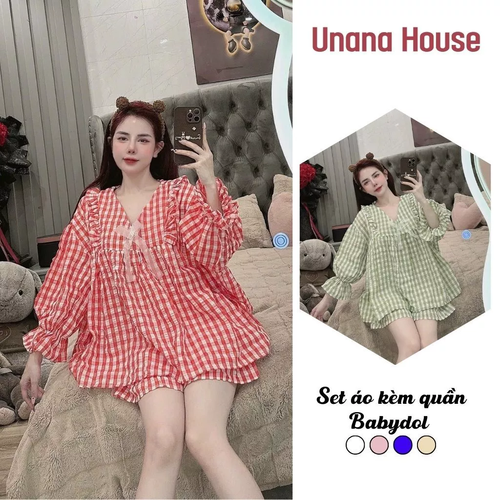 Set bộ đũi xốp áo tay phồng caro babydoll + quần short đùi viền bèo unanahouse