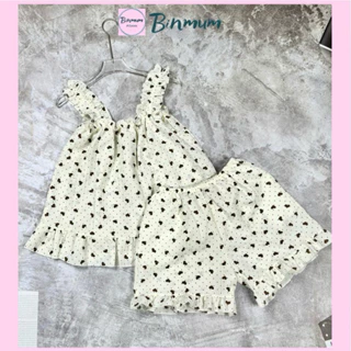 Đồ ngủ nữ 2 dây chun bèo chất đũi gân họa tiết hoạt hình, pijama dễ thương phong cách bánh bèo, thời trang binmum