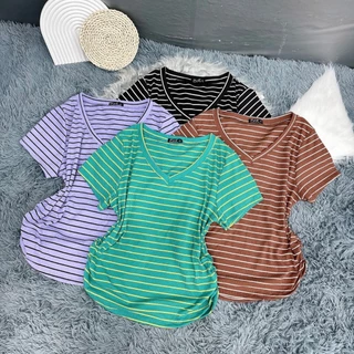 Áo cổ tim bigsize, kẻ sọc rút sườn vải thun cotton mềm mại co giãn tốt Cổ chữ V Ôm gọn Kẻ ngang tôn dáng hottrend G85