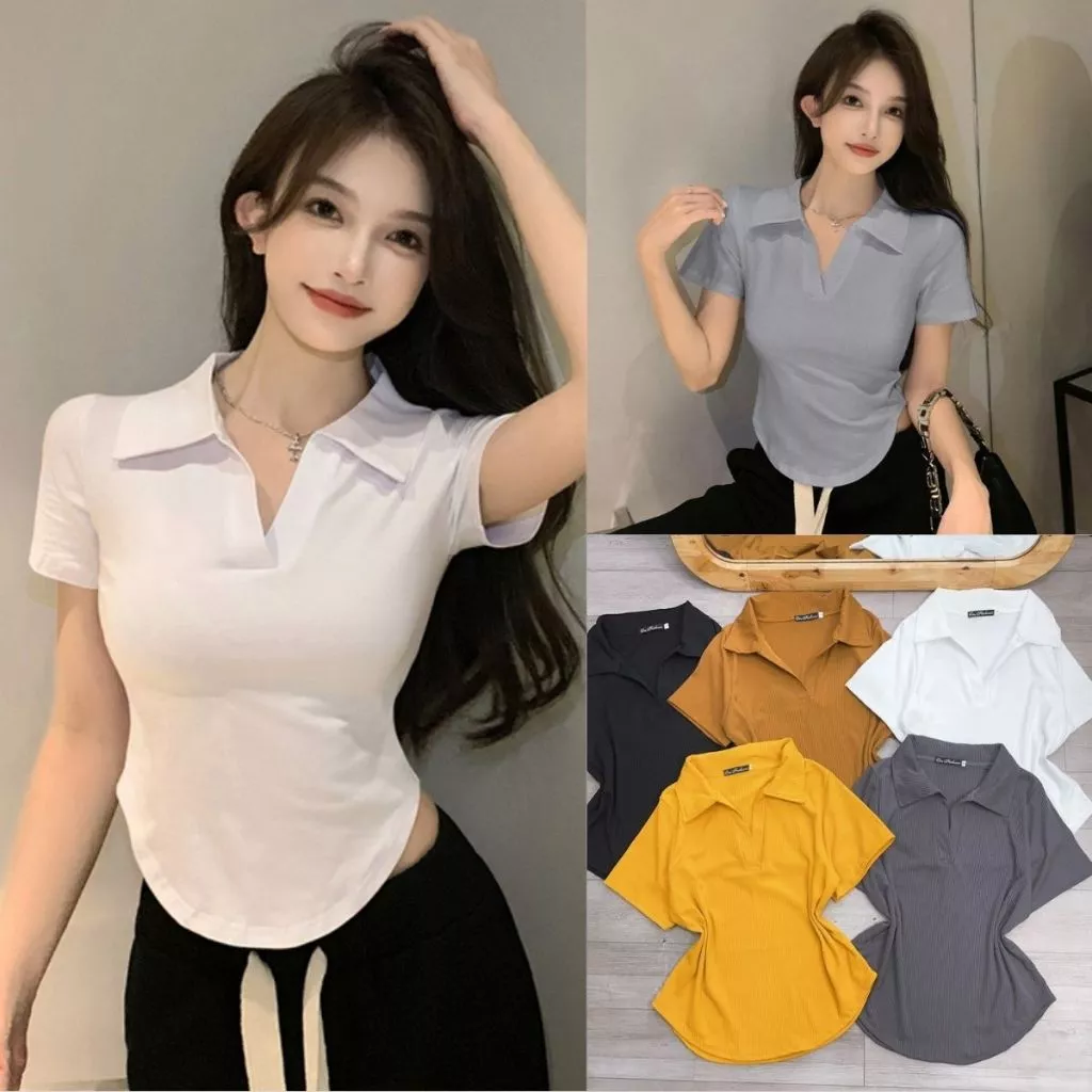 Áo thun polo bigsize nữ tay ngắn cổ bẻ vạt bầu vải gân dáng vừa đơn giản dễ phối cá tính G120