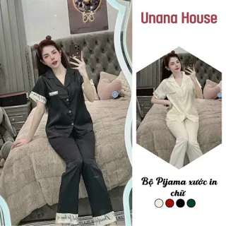 Set đồ ngủ pijama vải lụa xước in chữ, thiết kế có túi áo trước ngực dành cho nữ unanahouse