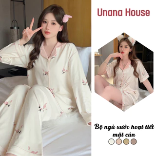 Bộ đồ ngủ pijama hình thỏ, chất liệu vải lụa xước phối viền màu nổi bật xinh xỉu unanahouse