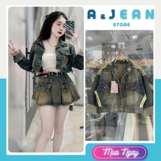 Áo khoác jean rách phối viền sọc croptop , áo khoác bò lửng | A&JEAN STORE