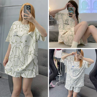 Set bộ nữ áo phông hình in nhân vật hoạt hình cute kèm quần short đùi cạp chun dây rút freesize