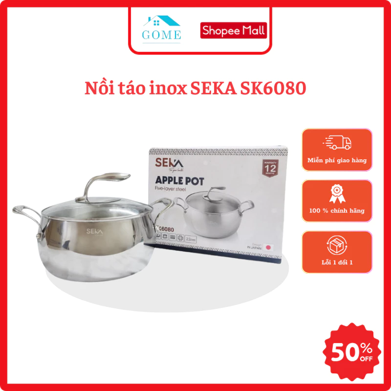 Nồi inox SEKA SK6080 5 đáy từ, công nghệ độc đáo, nắp kính cao cấp, dùng  cho mọi loại bếp, bảo hành chính hãng