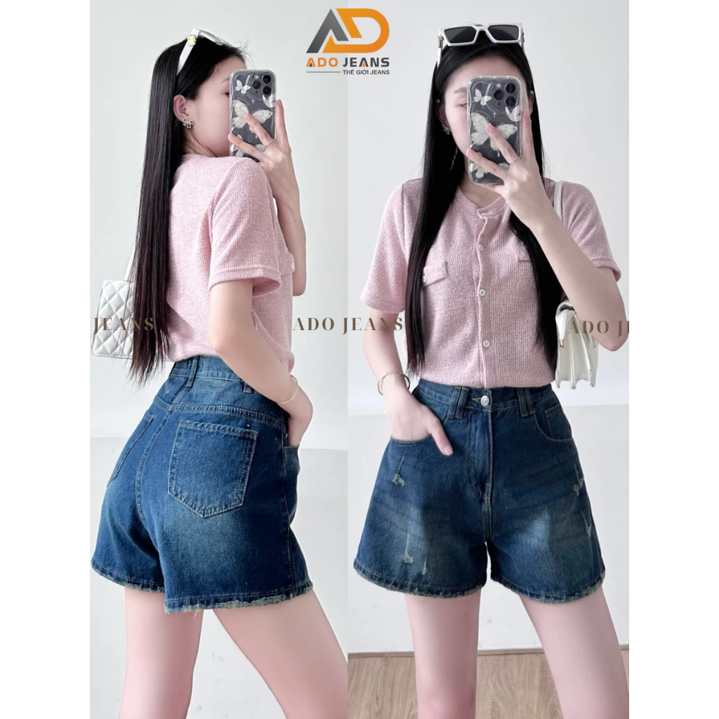 Quần short jean nữ lưng cao form chử A tôn dáng, quần đùi jean wash  xước nhẹ xinh (S25)