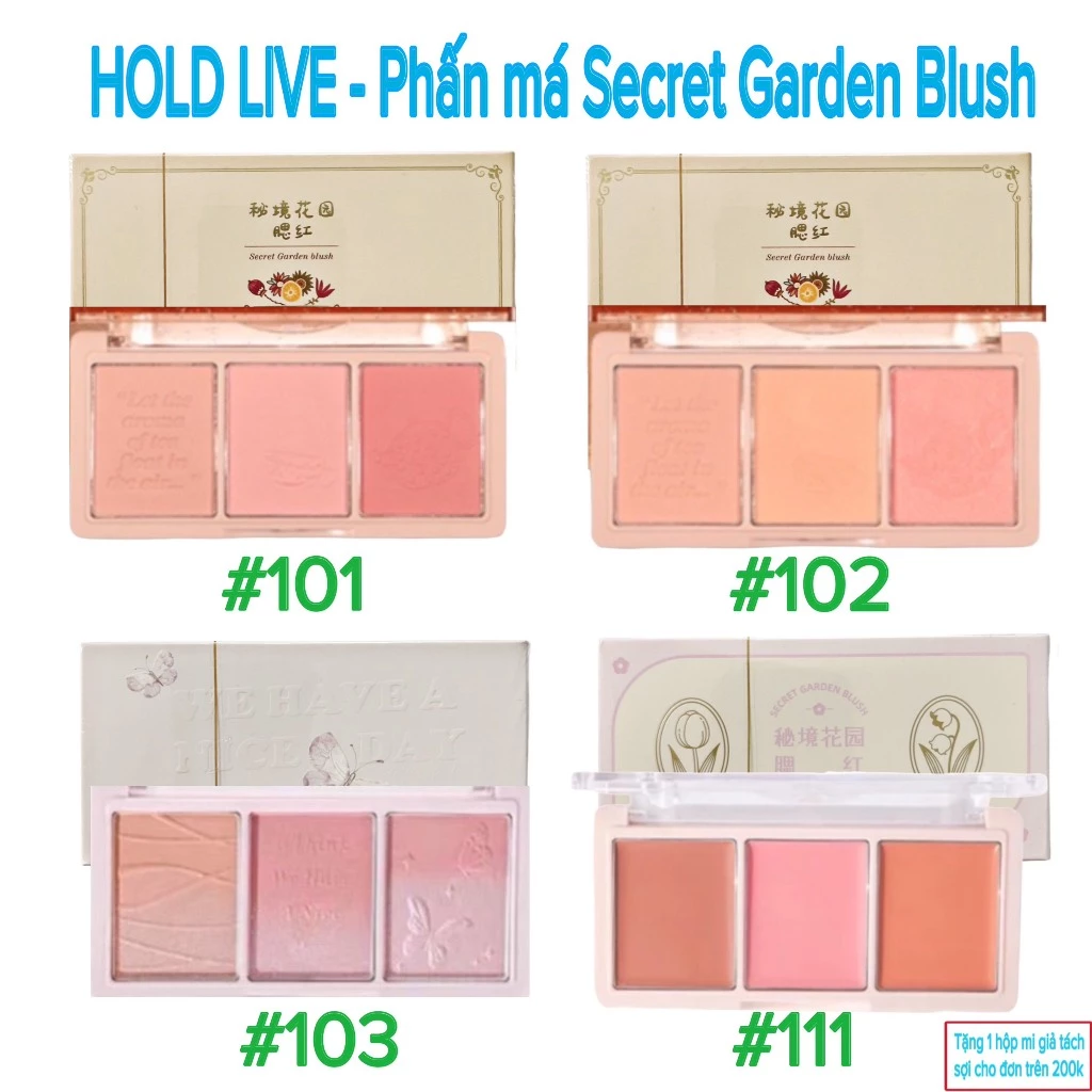 Phấn má hồng HOLD LIVE 3 ô Secret Garden Blush với chất phấn mịn lì, dễ tán, lên màu tự nhiên