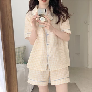 Set Đồ Nữ Pyjama Mặc Nhà Cộc Tay Chất Vải Mỏng Nhẹ Thoáng Mát, Đồ Bộ Nữ, Đồ Ngủ Màu Be Thời Trang Xinh Đẹp Hottrend